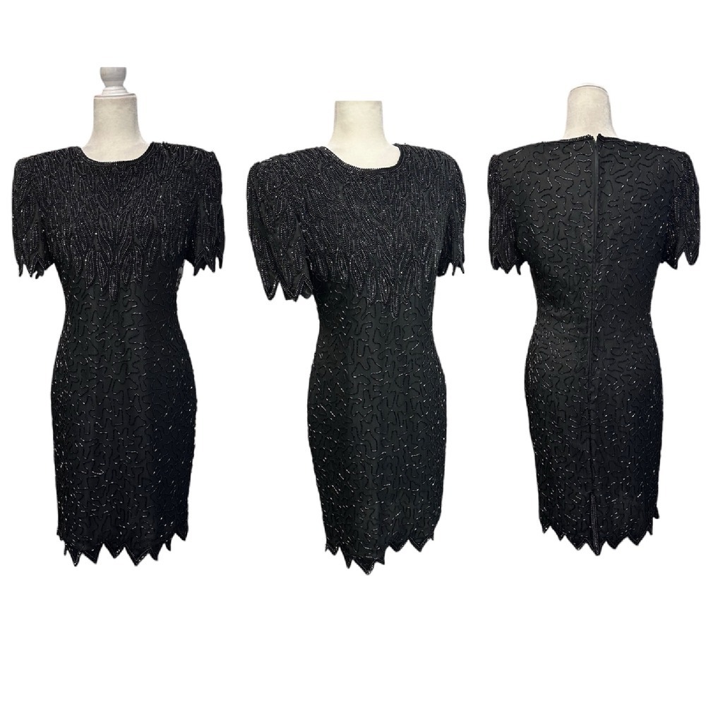 Vintage 80s Laurence Kazar Black Sequins Beaded Silk Evening Party Dress Size L‎
